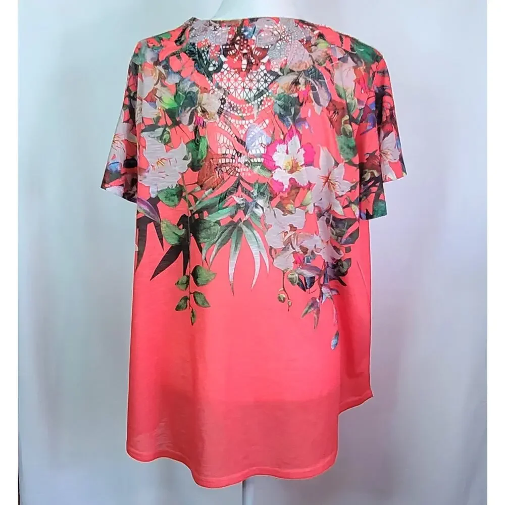 2/$15 Time and Tru Coral Floral Watercolor Sublimation Print Top XXL Lace Back